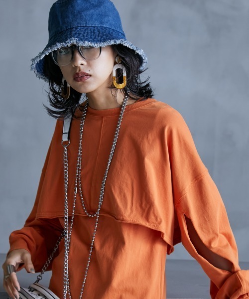 GEVS.（ジェイヴィス）の「＜大きいサイズ＞ 綿100％ピグメント製品染2点セット（ロングスリーブカットソー+タンクトップ）GEVS.（Tシャツ/カットソー・レディース・オレンジ/チャコール・L/LL/3L/4L/5L）」の3枚目の写真