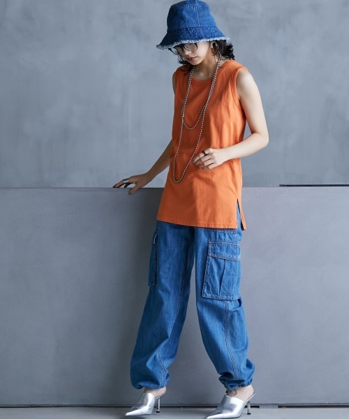 GEVS.（ジェイヴィス）の「＜大きいサイズ＞ 綿100％ピグメント製品染2点セット（ロングスリーブカットソー+タンクトップ）GEVS.（Tシャツ/カットソー・レディース・オレンジ/チャコール・L/LL/3L/4L/5L）」の21枚目の写真