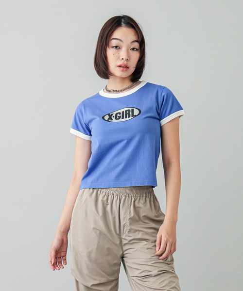 X-girl（エックスガール）の「GLITTER OVAL LOGO S/S BABY TEE