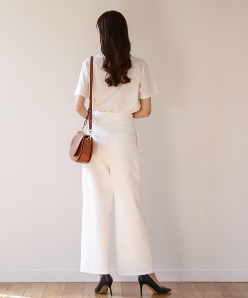 Emilyan（エミリアン）の「更に快適になった！無敵のパンツ 【UVカット98％！接触冷感！洗濯機OK♪全方位ストレッチ♪】ハイストレッチつやポンチ・ウエスト折り返しワイドパンツ（スーツパンツ・レディース・グレイッシュベージュ/ブラック/ネイビー/オフホワイト・L/M/S）」の18枚目の写真