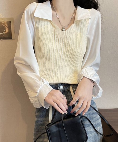 Miniministore(ミニミニストア)の「ニットブラウス韓国ドッキングニットシャツ(シャツ/ブラウス・レディース・ピンク/ブラック/ライトベージュ・FREE)」の2枚目の写真