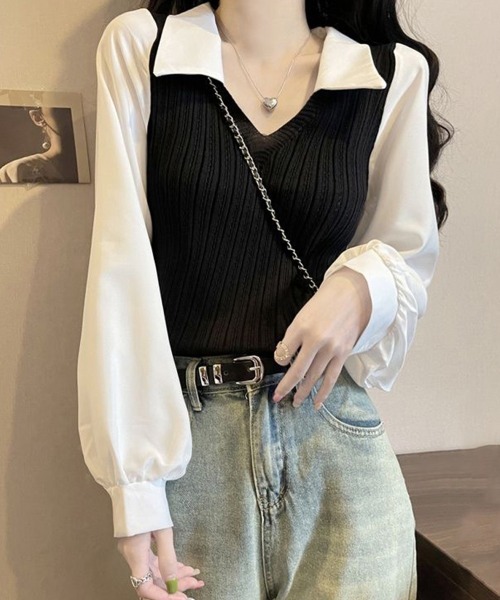 Miniministore(ミニミニストア)の「ニットブラウス韓国ドッキングニットシャツ(シャツ/ブラウス・レディース・ピンク/ブラック/ライトベージュ・FREE)」の12枚目の写真