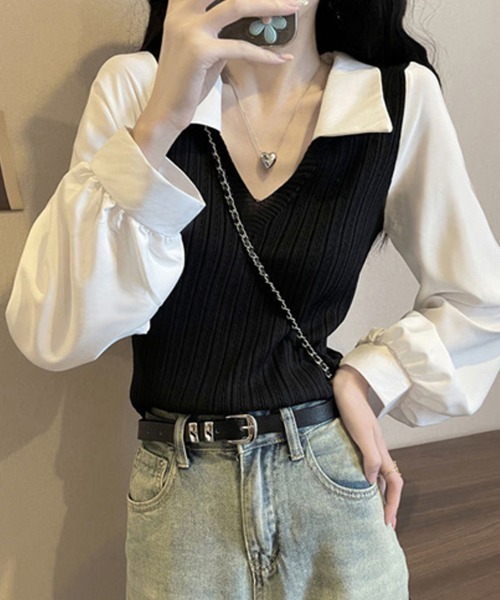 Miniministore(ミニミニストア)の「ニットブラウス韓国ドッキングニットシャツ(シャツ/ブラウス・レディース・ピンク/ブラック/ライトベージュ・FREE)」の13枚目の写真