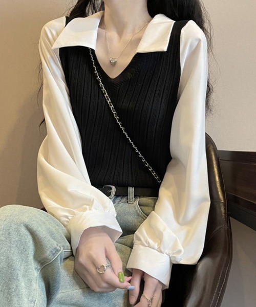 Miniministore(ミニミニストア)の「ニットブラウス韓国ドッキングニットシャツ(シャツ/ブラウス・レディース・ピンク/ブラック/ライトベージュ・FREE)」の14枚目の写真