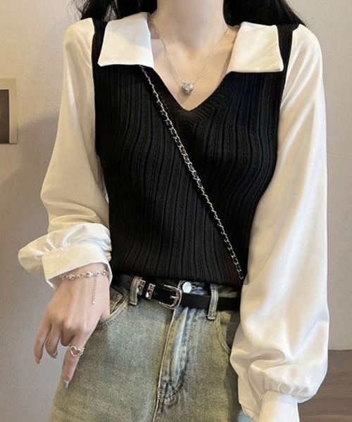 Miniministore(ミニミニストア)の「ニットブラウス韓国ドッキングニットシャツ(シャツ/ブラウス・レディース・ピンク/ブラック/ライトベージュ・FREE)」の15枚目の写真