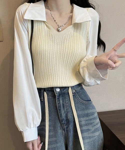 Miniministore(ミニミニストア)の「ニットブラウス韓国ドッキングニットシャツ(シャツ/ブラウス・レディース・ピンク/ブラック/ライトベージュ・FREE)」の16枚目の写真