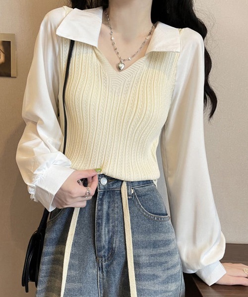 Miniministore(ミニミニストア)の「ニットブラウス韓国ドッキングニットシャツ(シャツ/ブラウス・レディース・ピンク/ブラック/ライトベージュ・FREE)」の17枚目の写真