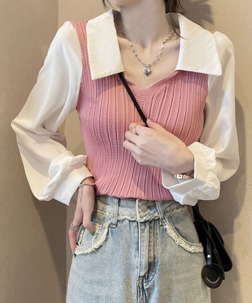 Miniministore(ミニミニストア)の「ニットブラウス韓国ドッキングニットシャツ(シャツ/ブラウス・レディース・ピンク/ブラック/ライトベージュ・FREE)」の6枚目の写真