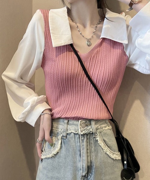Miniministore(ミニミニストア)の「ニットブラウス韓国ドッキングニットシャツ(シャツ/ブラウス・レディース・ピンク/ブラック/ライトベージュ・FREE)」の7枚目の写真