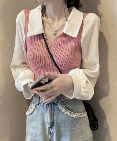 Miniministore(ミニミニストア)の「ニットブラウス韓国ドッキングニットシャツ(シャツ/ブラウス・レディース・ピンク/ブラック/ライトベージュ・FREE)」の8枚目の写真