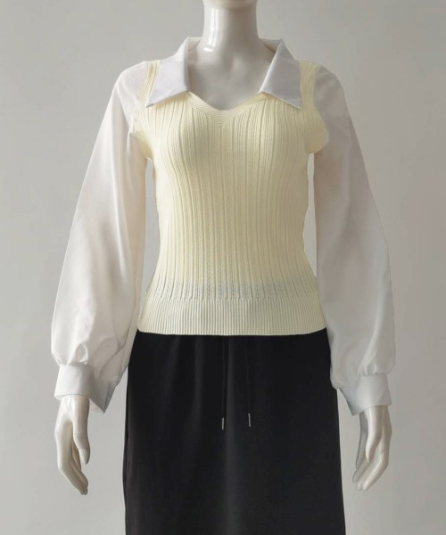 Miniministore(ミニミニストア)の「ニットブラウス韓国ドッキングニットシャツ(シャツ/ブラウス・レディース・ピンク/ブラック/ライトベージュ・FREE)」の9枚目の写真