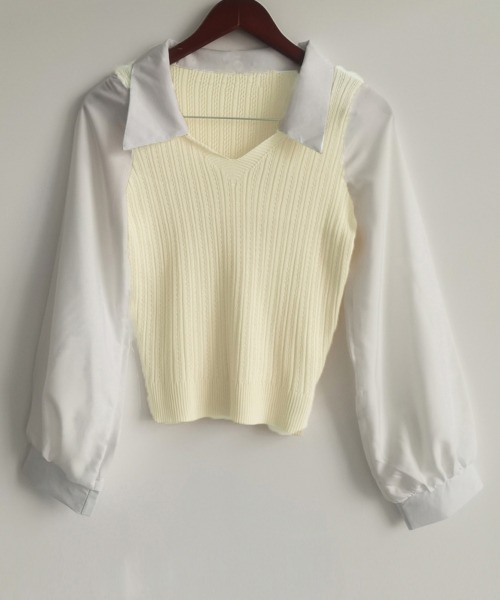 Miniministore(ミニミニストア)の「ニットブラウス韓国ドッキングニットシャツ(シャツ/ブラウス・レディース・ピンク/ブラック/ライトベージュ・FREE)」の4枚目の写真