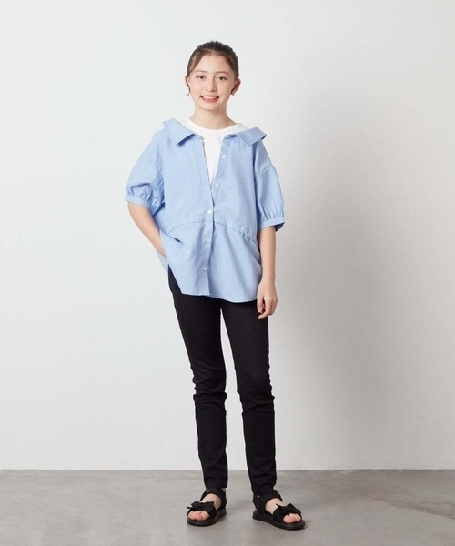 a.v.v（アーヴェヴェ）の「[100-130]【綿100％】シャツレイヤードドッキングトップス（シャツ/ブラウス・キッズ・ダークインディゴブルー/ライラック/ブラック・100/120/110/130）」の22枚目の写真