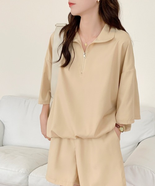 SHEPP（シープ）の「セットアップハーフジップ ショートパンツ（セットアップ・レディース・ベージュ/グレー・F）」の4枚目の写真