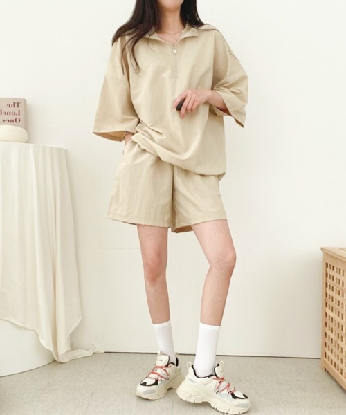 SHEPP（シープ）の「セットアップハーフジップ ショートパンツ（セットアップ・レディース・ベージュ/グレー・F）」の7枚目の写真