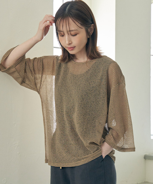 ikka(イッカ)の「【2点セット】シアーボーダーアンサンブル(Tシャツ/カットソー・レディース・ブラック/ベージュ/グリーン・M/L/S)」の13枚目の写真