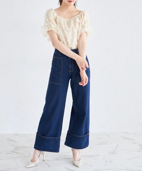 tocco closet(トッコ クローゼット)の「立体フラワー付きバルーンスリーブチュールブラウス(シャツ/ブラウス・レディース・ブラック/ライトベージュ・M)」の9枚目の写真