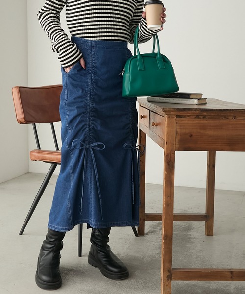 BONLECILL（ボンルシール）の「ドロストダブルリボンデニムスカート（デニムスカート・レディース・ブルー/ブラック/ネイビー・L/S/M）」の2枚目の写真