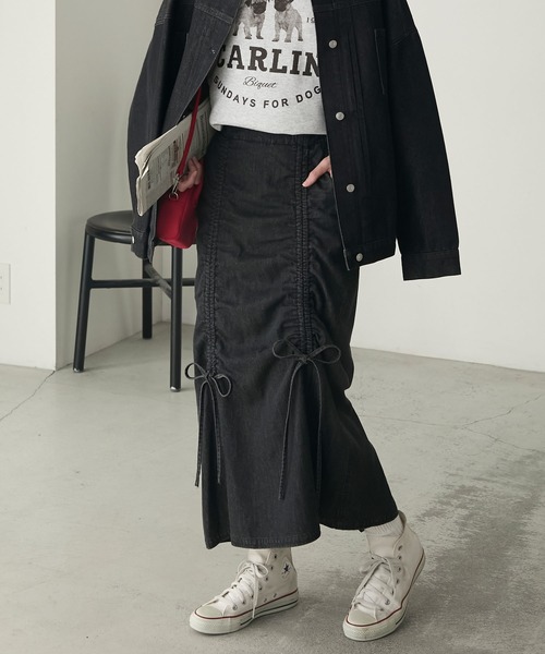 BONLECILL（ボンルシール）の「ドロストダブルリボンデニムスカート（デニムスカート・レディース・ブルー/ブラック/ネイビー・L/S/M）」の3枚目の写真