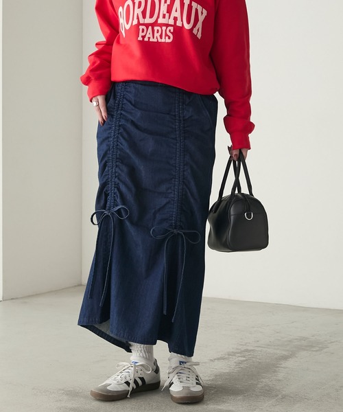 BONLECILL（ボンルシール）の「ドロストダブルリボンデニムスカート（デニムスカート・レディース・ブルー/ブラック/ネイビー・L/S/M）」の4枚目の写真
