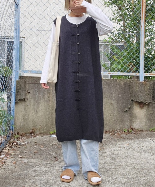 LOSUCA(ロスカ)の「レイヤードジレニットワンピース / ニットベスト ジャガード 大人カジュアル オケージョン ナチュラル フレンチ レトロ ヴィンテージ(ワンピース・レディース・オフホワイト/ブラック/グレー・FREE)」の2枚目の写真