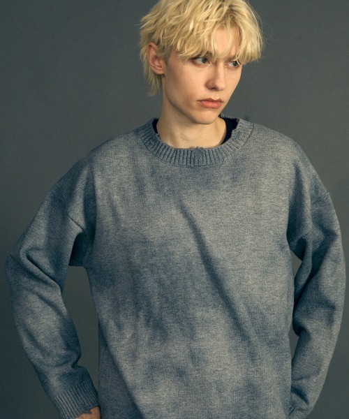 セール】ルーズシルエットマーブルパターンクルーネックニットセーター