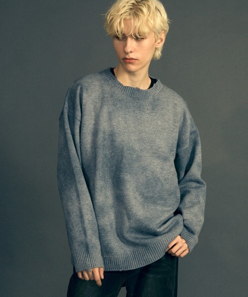 セール】ルーズシルエットマーブルパターンクルーネックニットセーター