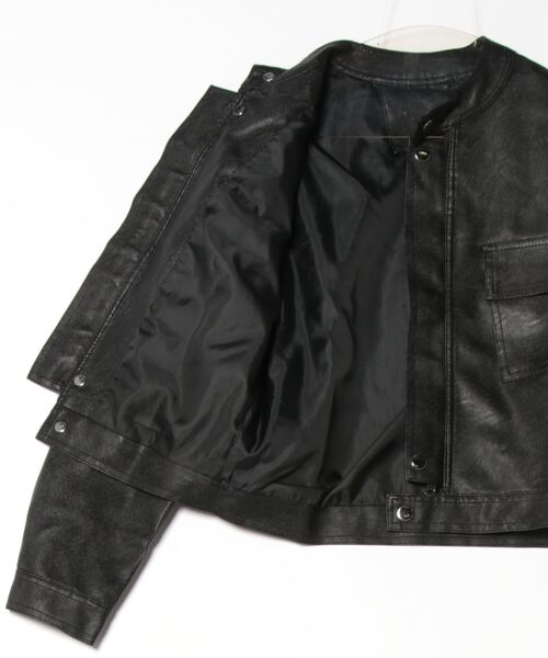 セール】シングルライダースジャケット/ノーカラー短丈ブルゾン