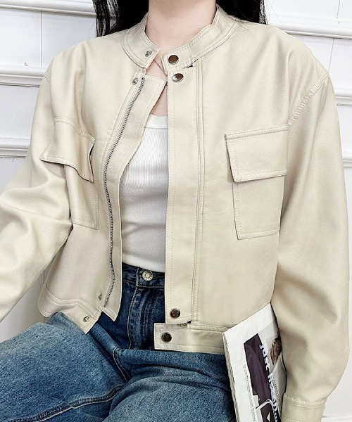 H.TOKYO（エイチトウキョウ）の「シングルライダースジャケット/ノーカラー短丈ブルゾン（ブルゾン・レディース・オフホワイト/ブラック・XX-LARGE/X-LARGE/LARGE/MEDIUM）」の2枚目の写真