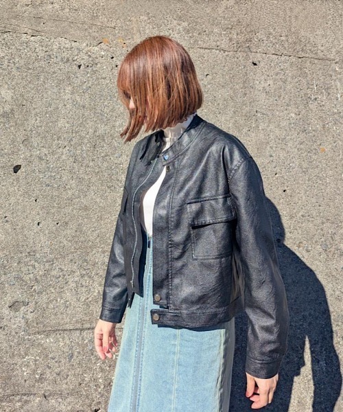 【セール】ノーカラー シングルライダースジャケット／ショート丈ブルゾン（ブルゾン）｜H.TOKYO（エイチトウキョウ）