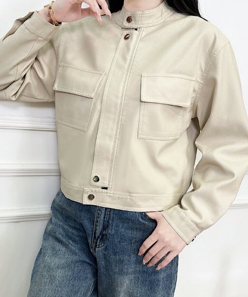 H.TOKYO（エイチトウキョウ）の「シングルライダースジャケット/ノーカラー短丈ブルゾン（ブルゾン・レディース・オフホワイト/ブラック・XX-LARGE/X-LARGE/LARGE/MEDIUM）」の7枚目の写真