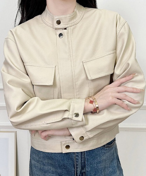 H.TOKYO（エイチトウキョウ）の「シングルライダースジャケット/ノーカラー短丈ブルゾン（ブルゾン・レディース・オフホワイト/ブラック・XX-LARGE/X-LARGE/LARGE/MEDIUM）」の6枚目の写真