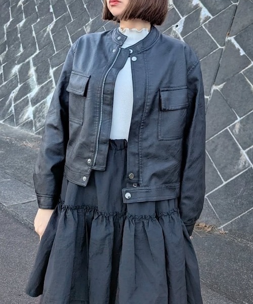 H.TOKYO（エイチトウキョウ）の「シングルライダースジャケット/ノーカラー短丈ブルゾン（ブルゾン・レディース・オフホワイト/ブラック・XX-LARGE/X-LARGE/LARGE/MEDIUM）」の15枚目の写真