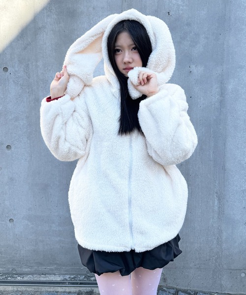 うさ耳 ファーパーカー ホワイト セール】もこもこ うさみみ ボアファージップパーカー（ブルゾン