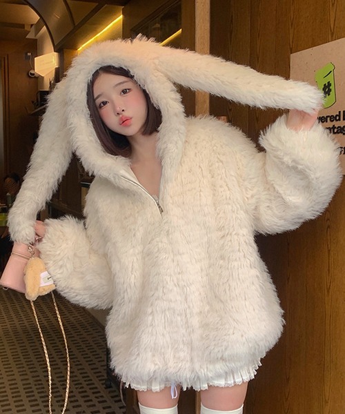 Mejoul（メジュール）の「もこもこ うさみみ ボアファージップパーカー（ブルゾン・レディース・アイボリー/ピンク・M/S）」の22枚目の写真