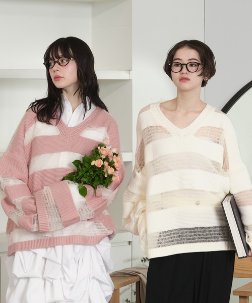 loin nuit ロワンニュイ mideal チェックデザインフレアVニット loin nuit ロワンニュイ mideal チェックデザインフレアVニット favclo