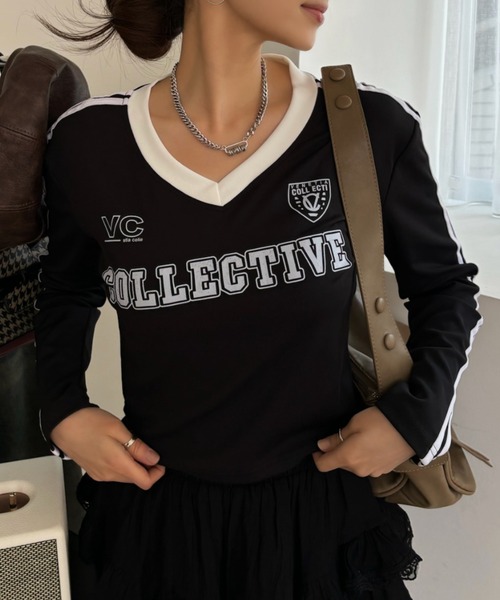 Ada.(エイダ)の「クロップド丈 ユニフォーム ゲーム 長袖Tシャツ(Tシャツ/カットソー・レディース・ブラック/ホワイト/レッド・FREE)」の2枚目の写真