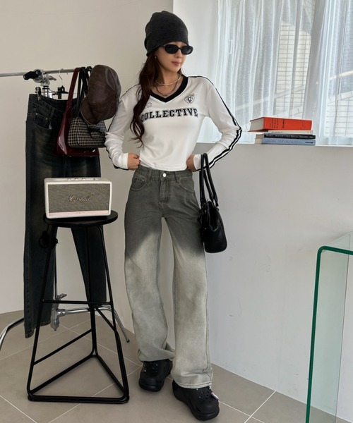 Ada.(エイダ)の「クロップド丈 ユニフォーム ゲーム 長袖Tシャツ(Tシャツ/カットソー・レディース・ブラック/ホワイト/レッド・FREE)」の5枚目の写真