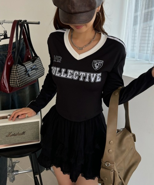 Ada.(エイダ)の「クロップド丈 ユニフォーム ゲーム 長袖Tシャツ(Tシャツ/カットソー・レディース・ブラック/ホワイト/レッド・FREE)」の9枚目の写真