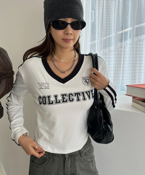Ada.(エイダ)の「クロップド丈 ユニフォーム ゲーム 長袖Tシャツ(Tシャツ/カットソー・レディース・ブラック/ホワイト/レッド・FREE)」の6枚目の写真