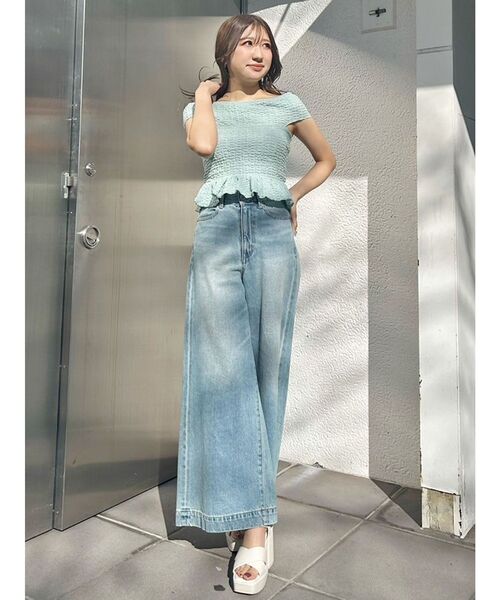 MERCURYDUO（マーキュリーデュオ）の「カットソーシャーリングトップス（Tシャツ/カットソー・レディース・オフホワイト/ミント/ブラック・FREE）」の4枚目の写真