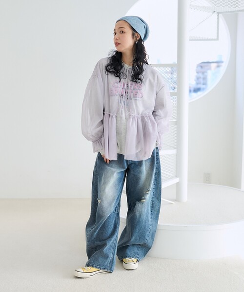 FREAK'S STORE(フリークスストア)の「【セットアイテム】マルチウエイ チュールレイヤード プリントロンT(Tシャツ/カットソー・レディース・チャコールグレー/オフホワイト/グレー・フリ-)」の4枚目の写真
