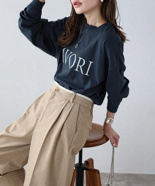 Bonjour Sagan（ボンジュールサガン）の「FAVORIピグメントロンT（Tシャツ/カットソー・レディース・ネイビー/グレイッシュベージュ/オフホワイト/チャコールグレー・FREE）」の4枚目の写真