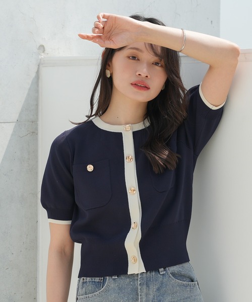 TRUDEA（トルディア）の「スポンディッシュ半袖カーディガン(無地・配色)（カーディガン/ボレロ・レディース・ネイビー/ホワイト/ピンク/レッド/ホワイト×ネイビー/ライトグレー/アイボリー/ブラック/その他/ブラウン/チャコールグレー/ワイン・MEDIUM/LARGE）」の5枚目の写真