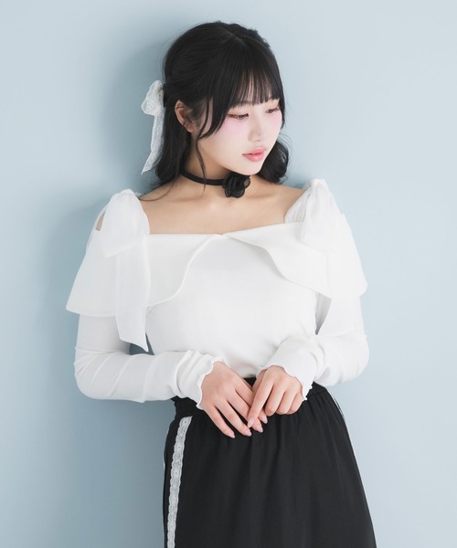 DearMyLoveRose（ディアマイラブローズ）の「ビッグカラーオフショルリボンカットトップス（Tシャツ/カットソー・レディース・アイボリー/ベビーピンク/ブラック/グレー・SMALL/MEDIUM/LARGE/LL/3L）」の2枚目の写真