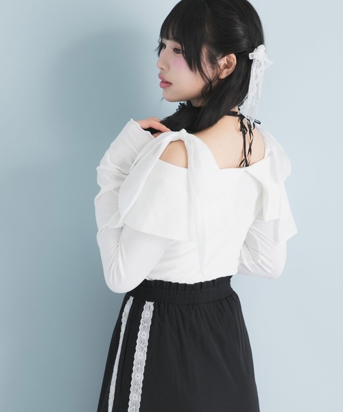 DearMyLoveRose（ディアマイラブローズ）の「ビッグカラーオフショルリボンカットトップス（Tシャツ/カットソー・レディース・アイボリー/ベビーピンク/ブラック/グレー・SMALL/MEDIUM/LARGE/LL/3L）」の12枚目の写真