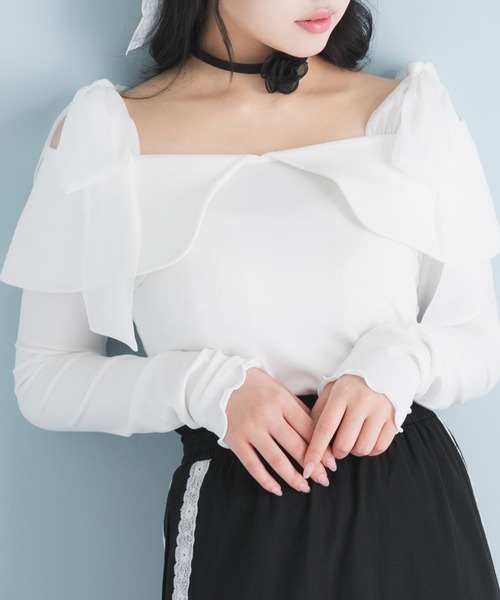 DearMyLoveRose（ディアマイラブローズ）の「ビッグカラーオフショルリボンカットトップス（Tシャツ/カットソー・レディース・アイボリー/ベビーピンク/ブラック/グレー・SMALL/MEDIUM/LARGE/LL/3L）」の5枚目の写真