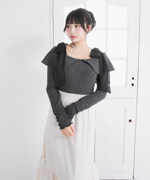 DearMyLoveRose（ディアマイラブローズ）の「ビッグカラーオフショルリボンカットトップス（Tシャツ/カットソー・レディース・アイボリー/ベビーピンク/ブラック/グレー・SMALL/MEDIUM/LARGE/LL/3L）」の21枚目の写真