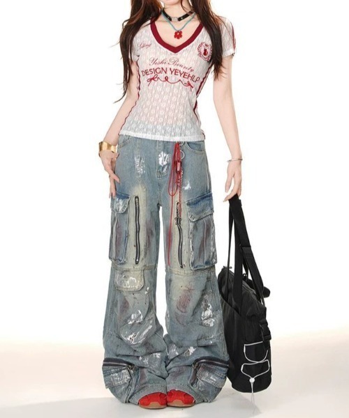 GEMEDA(ジェメダ)の「Vネック透け感Tシャツ(Tシャツ/カットソー・レディース・ホワイト/ブラック・M)」の3枚目の写真