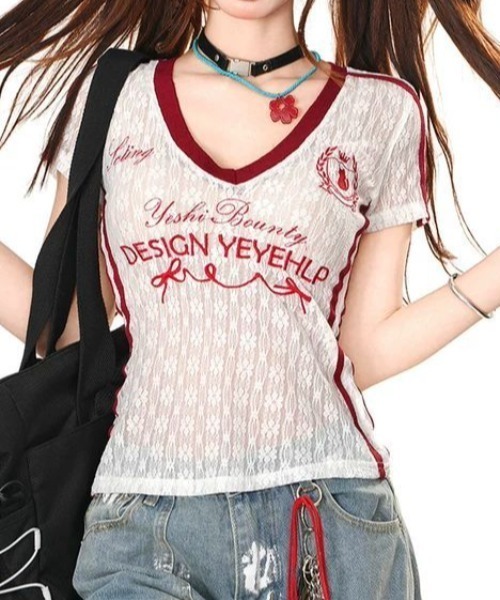 GEMEDA(ジェメダ)の「Vネック透け感Tシャツ(Tシャツ/カットソー・レディース・ホワイト/ブラック・M)」の7枚目の写真